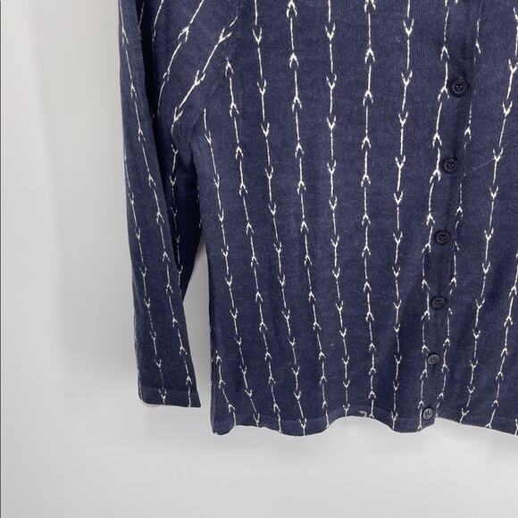 Garnet Hill 100% merino wool arrow indigo print crewneck knit sweater cardigan S - Picture 3 of 6